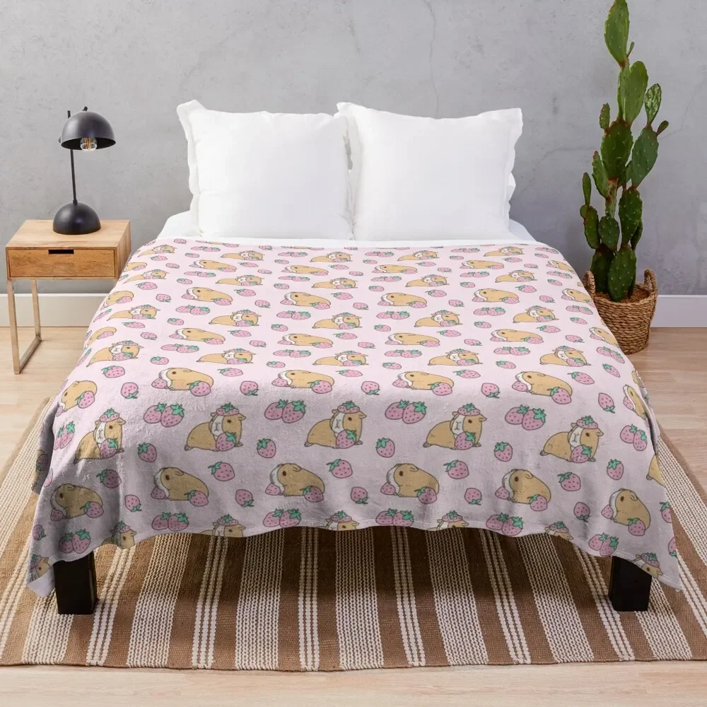 

Pink Guinea Pig and Strawberry Pattern Throw Blanket Plush Summer Beddings for winter Polar Luxury Blankets