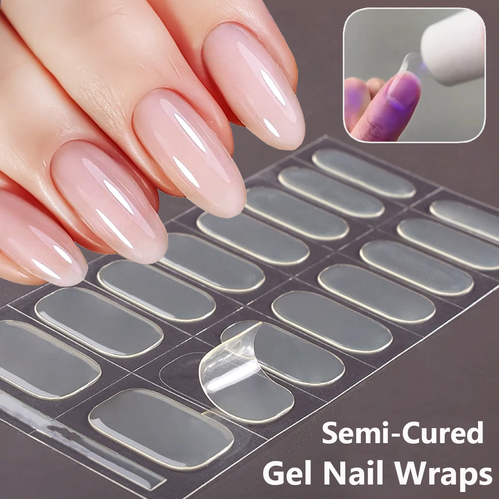 16Tips 1sheet Transparent Semi-Cured Gel Nail Wraps White French Glitter Adhesive Gel Nail Polish Stickers Full Cover Manicure S