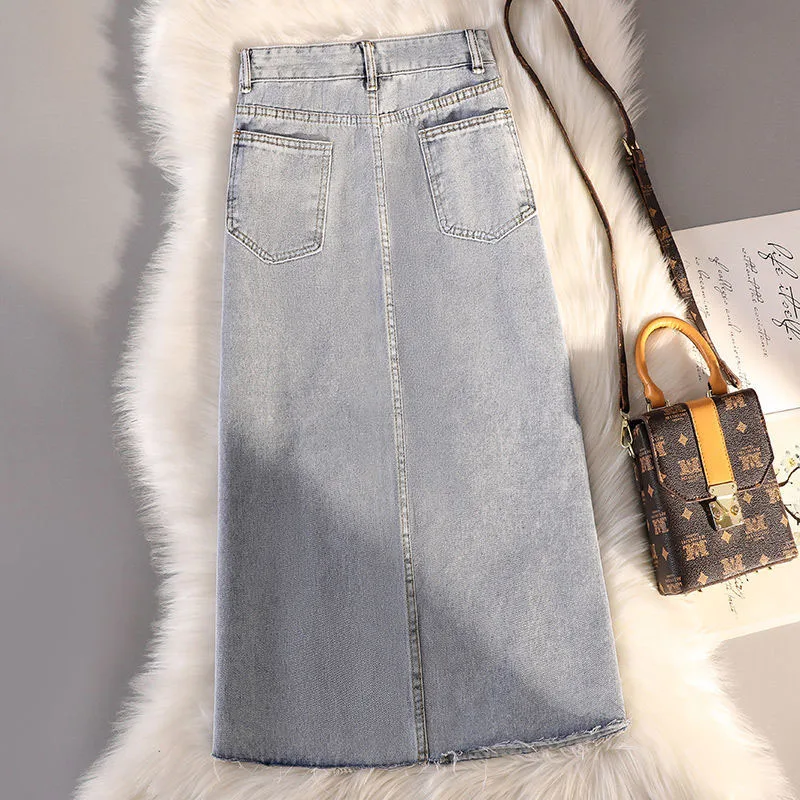 New Denim Skirt Women\'s Summer High Waist Long Cover Hip Thin Nail Bead Slit A line Package Hip Skirts Fashion Female Skirts 3XL