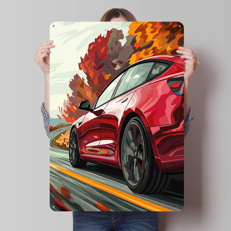 Red Tesla on Winding Road Car Tinplate Poster Customized Wall Art Vintage Metal Signs Retro Tin Plaque for Gamer Room Decoration