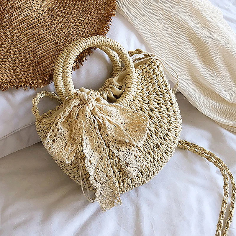 1PCS Handmade Half-Round Rattan Woven Straw Bag Summer Women Messenger Crossbody Bags Girls Small Beach Handbag