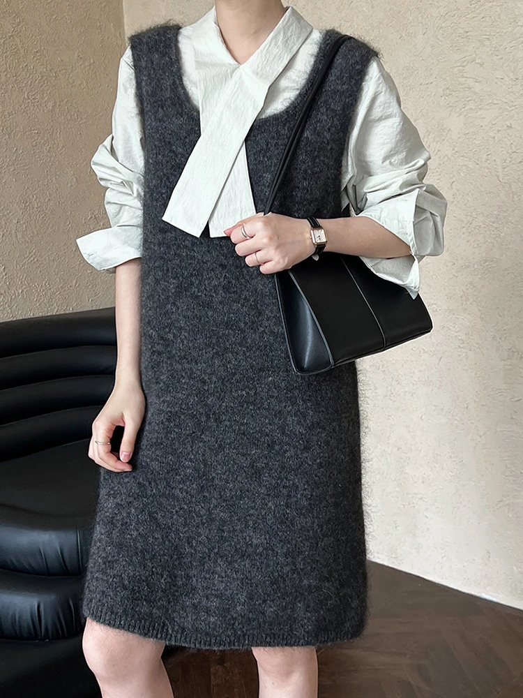 [EAM] Women Oat Color Warm Knitting Elegant Mini Dress New Square Collar Sleeveless Fashion Tide Spring Autumn 2024 1DH6978