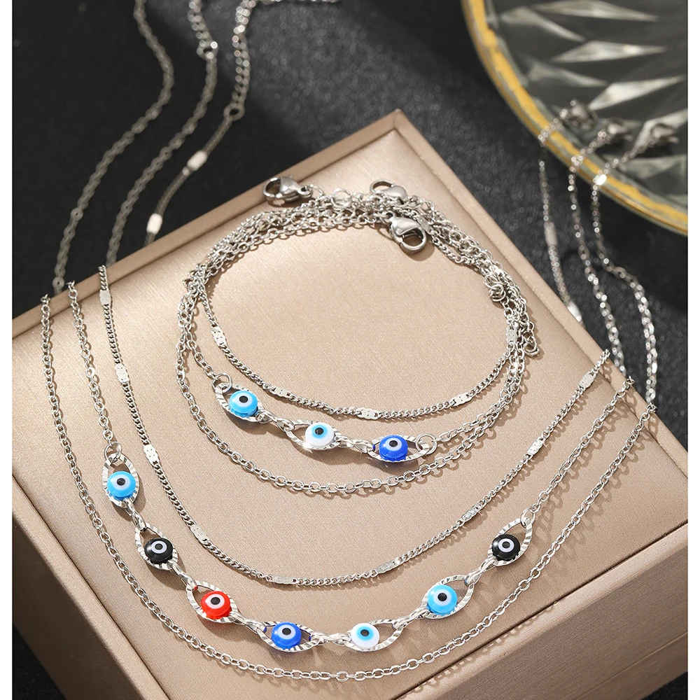 Edelstahl Schmuck Set Schichten Kette Modekette eingelegt bunte kleine Augen Design exquisite Schmuck Set für Frauen Schmuck