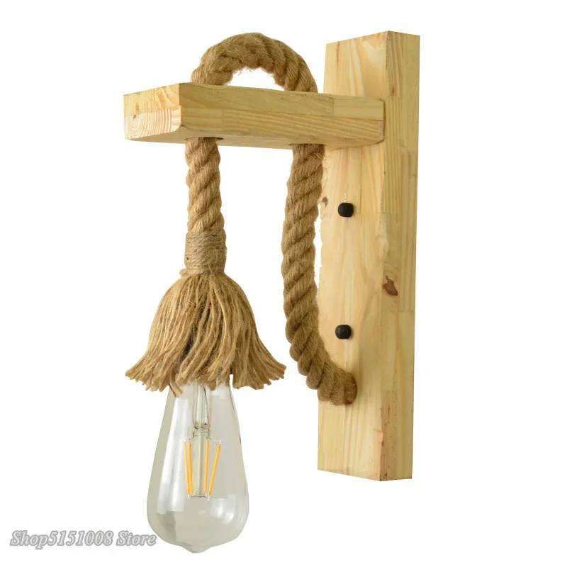 Vintage Hemp Rope Wall Lamp with Plug Wood Wall Lamp E27 Indoor Loft Outdoor Corridor Wall Lights Industrial Sconce Bedside Lamp