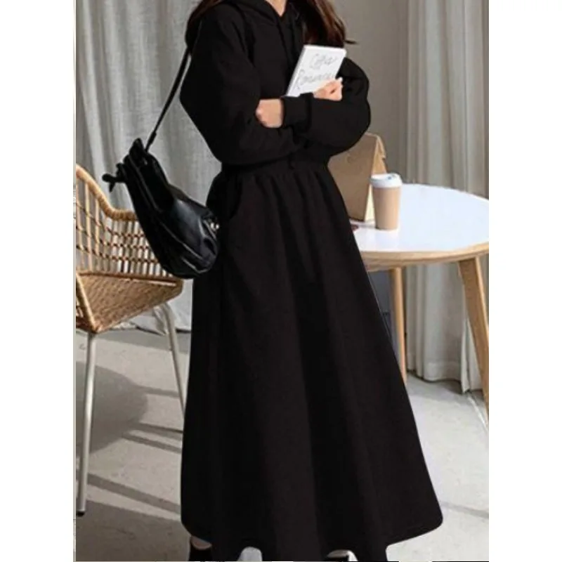 

Hooded Zipper Hoodie Cardigan Mid Length Dress 2025 Autumn/winter Waist Cinching Sports and Casual Big Skirt Hem A Appears Slim