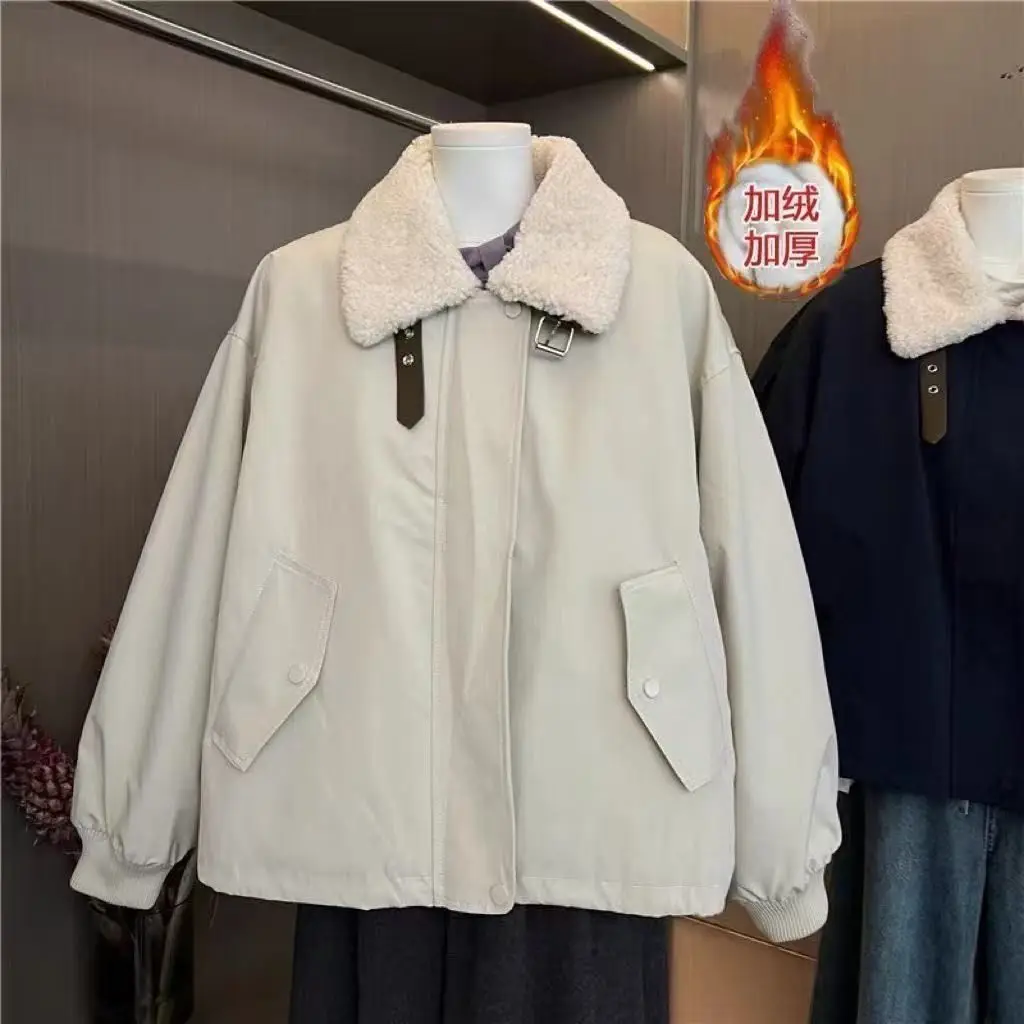 2026Winter New Splicing Tooling Cotton-padded Coat Ladies Parkas European Lamb Wool Jacket Women Overwear Lazy Ins Overcoat Tops