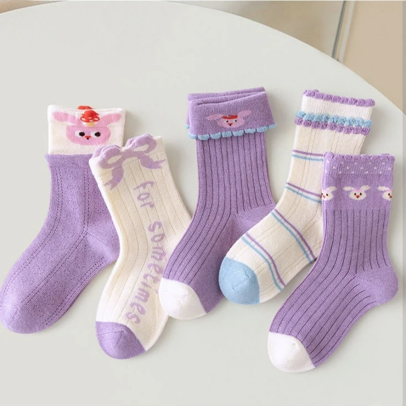 

5 Pairs Autumn Socks Girls Cute Mushroom Bunny Pattern Socks A Class Cotton Children Spring Socks Baby Socks Kids Calf Socks
