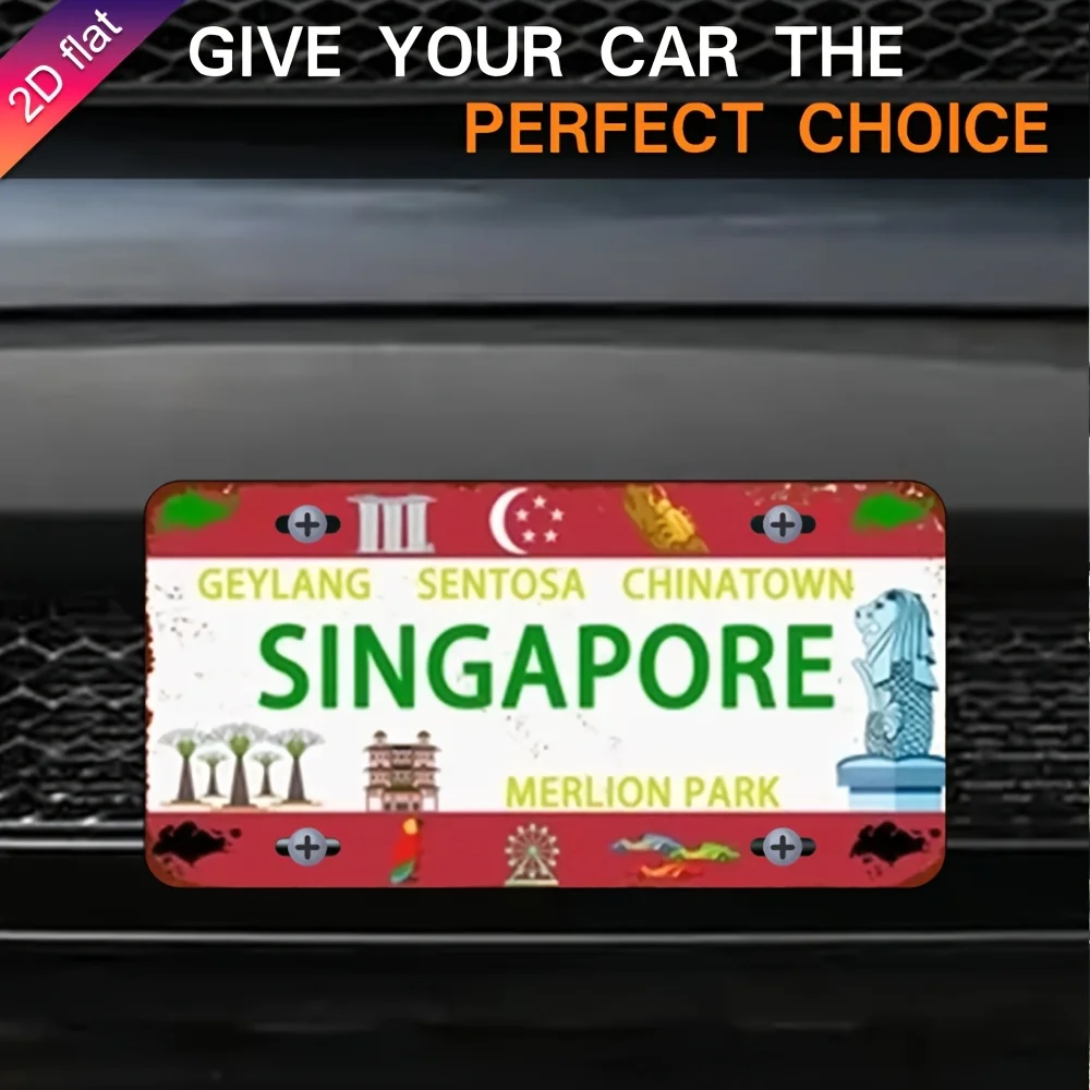 ، طائرة، لوحة ترخيص من الألومنيوم القديم - لوحة زخرفية مطبوعة بالأشعة فوق البنفسجية على شكل سنغافورة، تتميز بالأسد والتاون الصيني