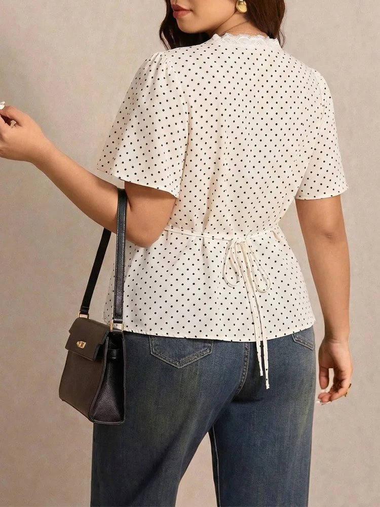 GIBSIE Plus Size Polka Dot Contrast Lace Peplum Top Women Summer V-Neck Short Sleeve Tie Back Sweet Ladies Tops and Blouses