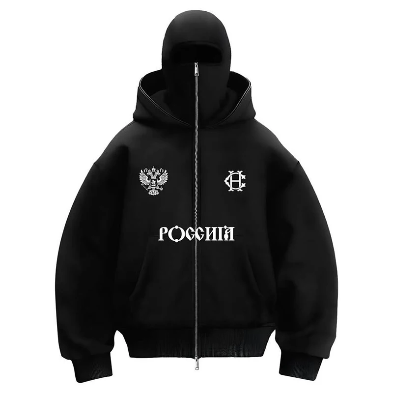 Y2k Gothic Harajuku Double Hat Design Sportswear Winter Zipper Men Sweatshirts Ninja Mask Loose Versatile Windproof Print Hoodie