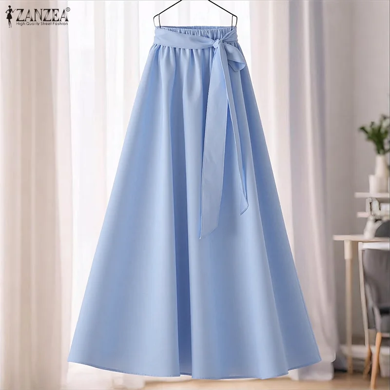 2025 ZANZEA موضة النساء تنانير طويلة الخريف ضمادة قيعان طويلة غير رسمية الصلبة مرونة الخصر حفلة ألف خط Jupes Faldas Saia