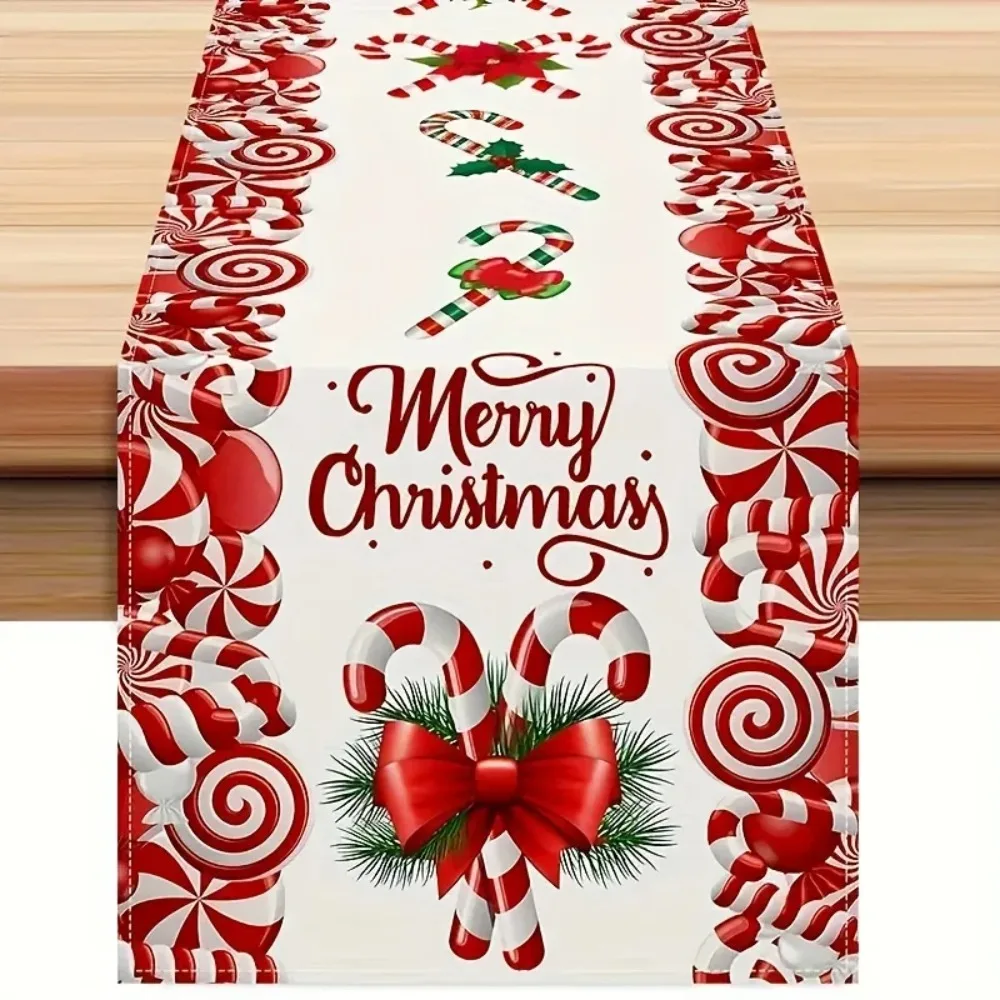 Christmas Candy Cane Bow Print Linen Table Runner Party Decor Xmas Kitchen Dining Table Runners Dresser Scarf Navidad Decoration