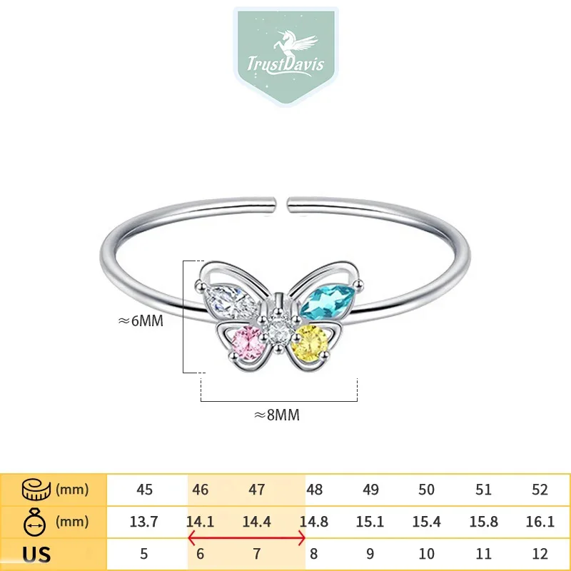 TrustDavis Women Real 925 Sterling Silver Butterfly Zircon Ring Cute Gift for Daddy's Girl Mom Daugther Birthday Jewelry DS4182