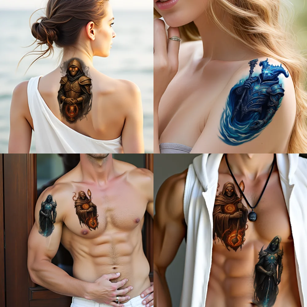 3 pezzi tatuaggio temporaneo figura con cappuccio tatuaggi temporanei realistici occhi luminosi armatura incantata aura eterea per braccia da uomo