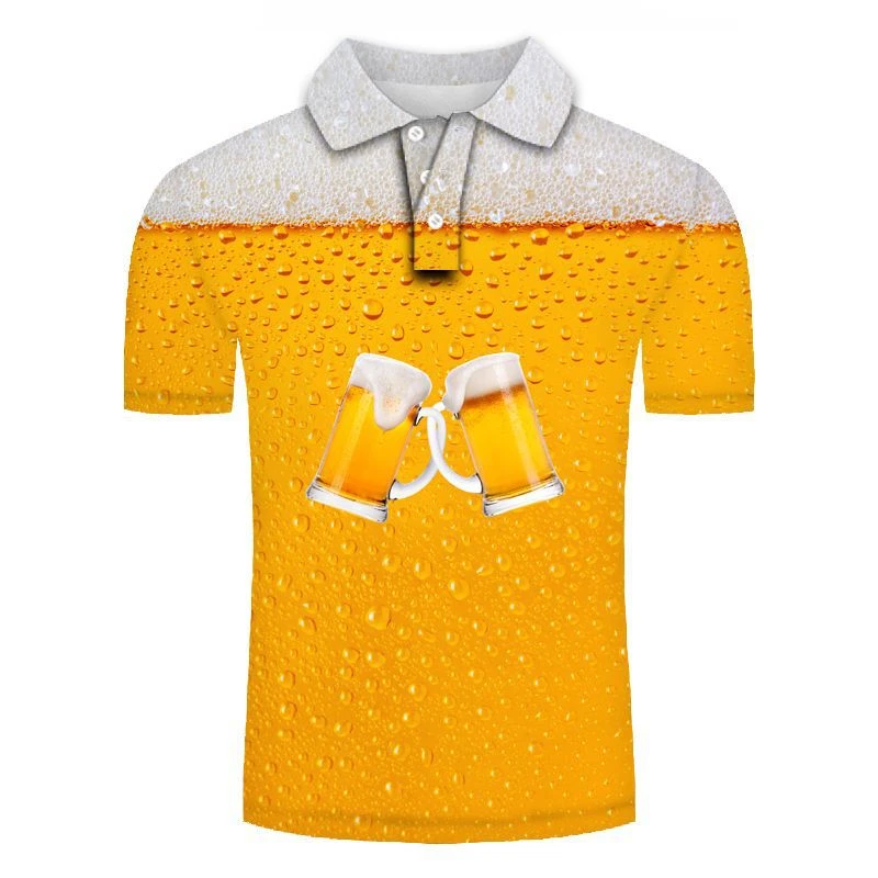 Funny Beer 3D Print Summer Button Down Collar Men's Polo Shirt Casual Tops Oversized Short Sleeve Polo Shirts Trend Men Clothing