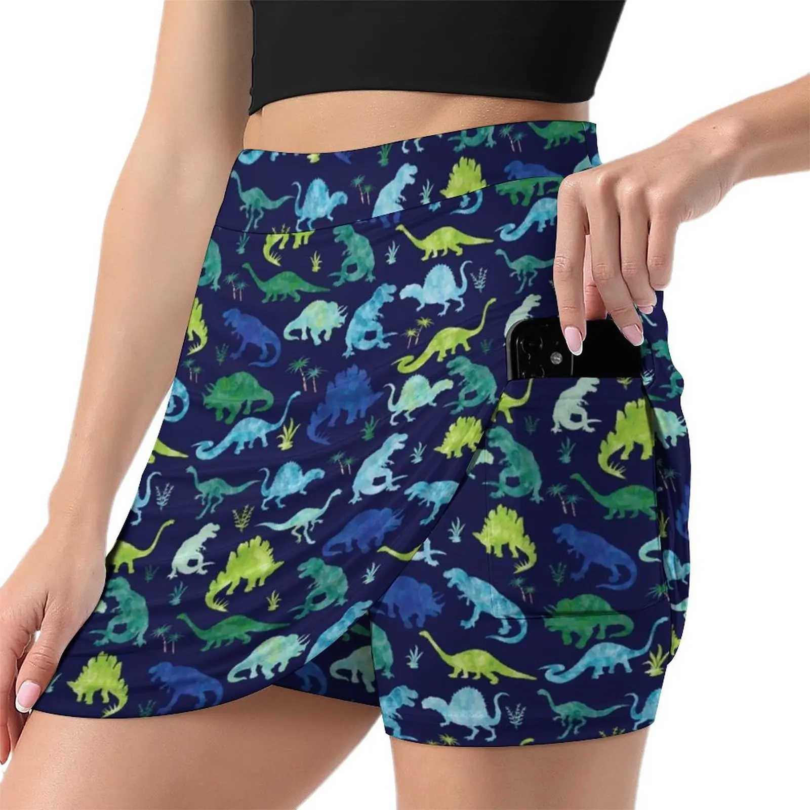 Aquarela dinossauro blues verdes dino padrão mini saia roupa de boate roupas femininas saias curtas