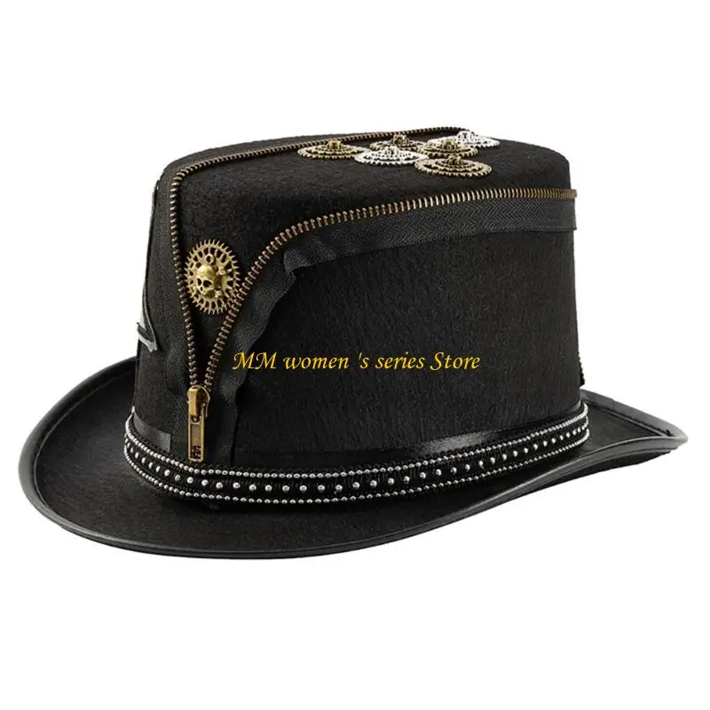 

Q39C Victorian Top Hat Jazzy Hat with Gear Zippered Design Cosplay Head Accessory Gothic Cosplay Headgear For Halloween Party
