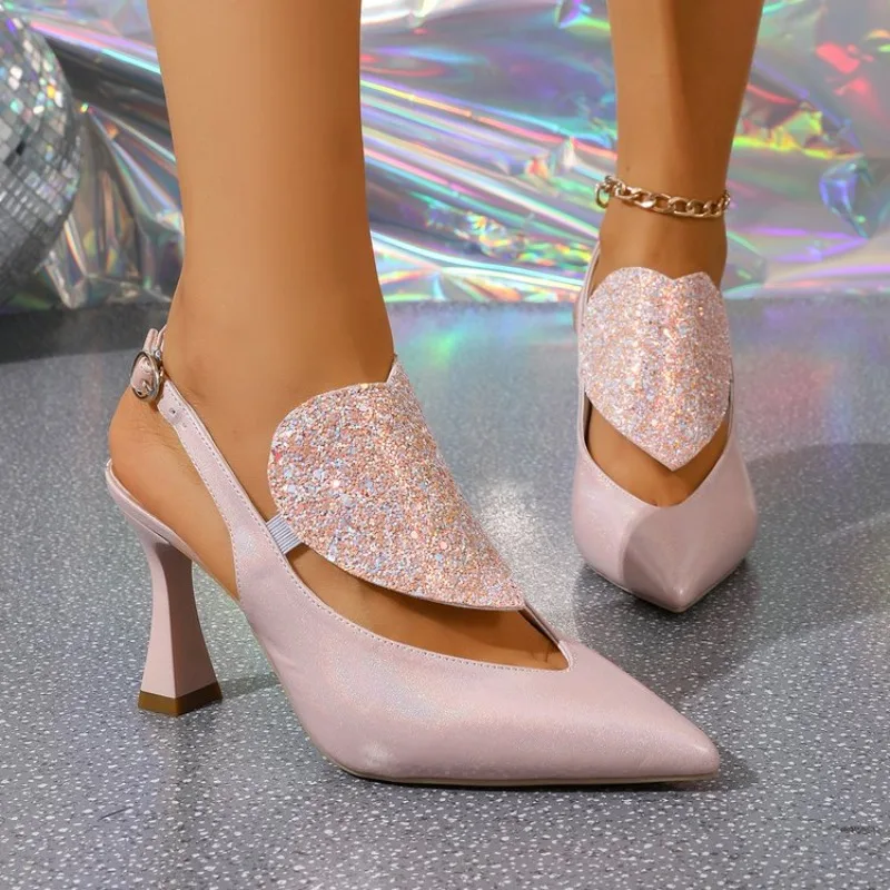 

Women's Pointed Toe Spliced Sequin Mid-Heel Shiny One Buckle Full Diamond Non-Slip Sandals