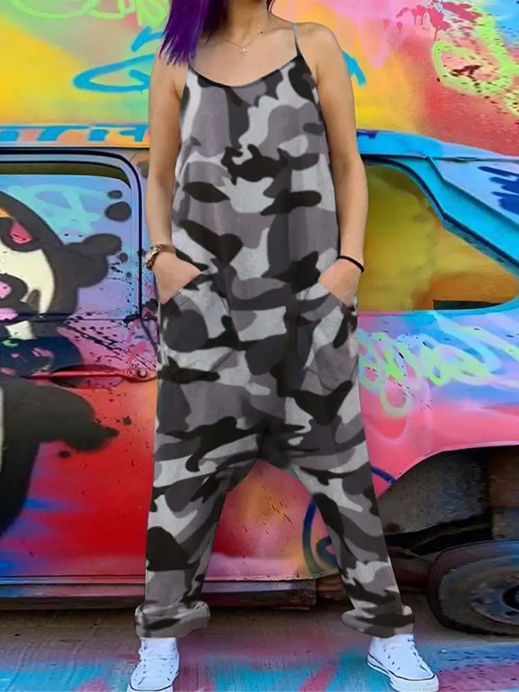 

Celmia 2023 Fashion Women Jumpsuits Casual Sleeveless Suspender Camouflage Printed Long Rompers Strappy Drop-Crotch Harem Pants