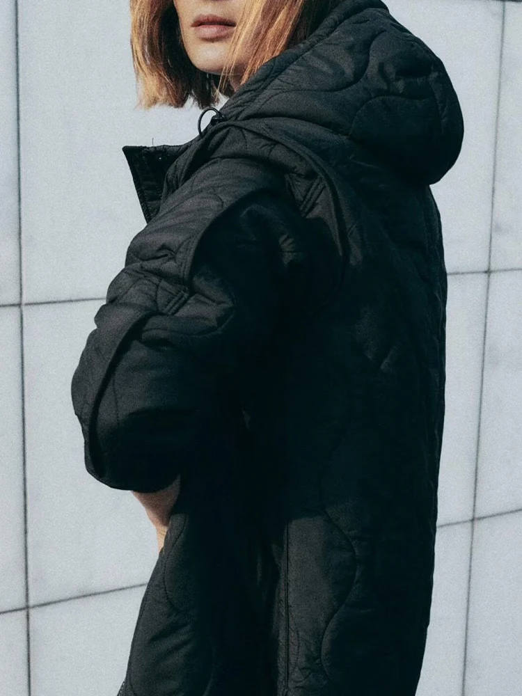 جديد الخريف والشتاء المرأة عارضة الدافئة فضفاضة مقنعين معطف القطن منتصف طول مبطن الماس نمط سترة