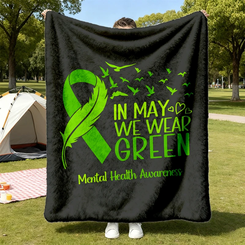 Mental Health Awareness Month Warm Blanket, Green Ribbon Soft Blanket, May We Wear Green Comfy Blanket, Self Care Flanne