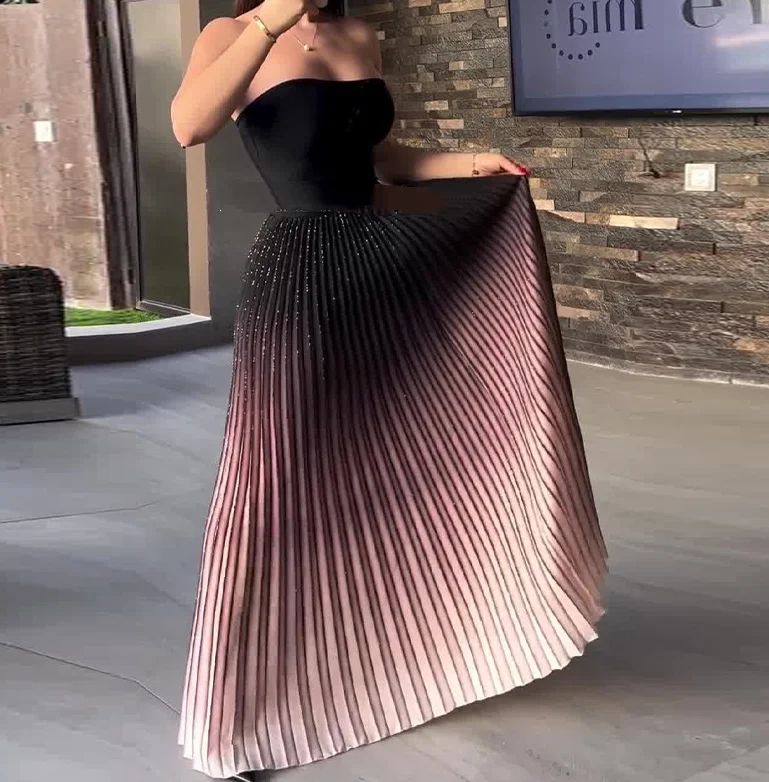 

Elegant Party Dresses Woman Sexy Luxury Evening Gown Gradient Striped Rhinestone Urban High Waist Tight Pleated Strapless Dress