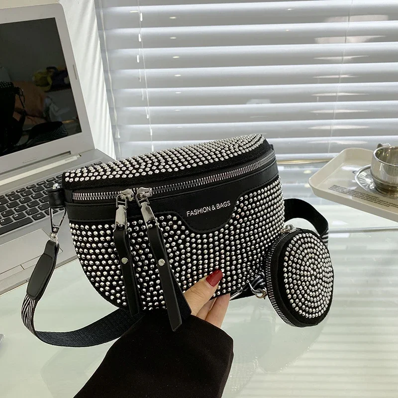 Shoulder Crossbody Chest Bags Casual Summer Waist Bag Waist pack Rhinestone Luxury Leather Fanny pack Two- piece Belt Bag Clutch