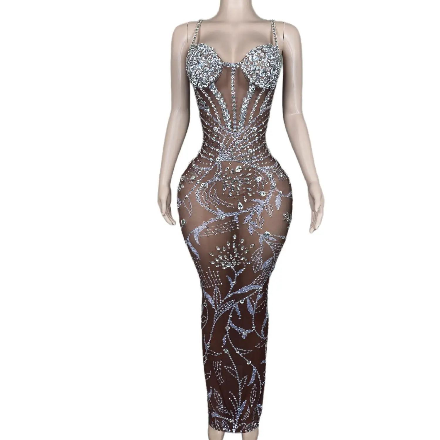 Sparkly Rhinestones Crystals Dress Dark Mesh See Through Bandage Backless Short Dress Women Sexy Celebrate Birthday Prom Dresses