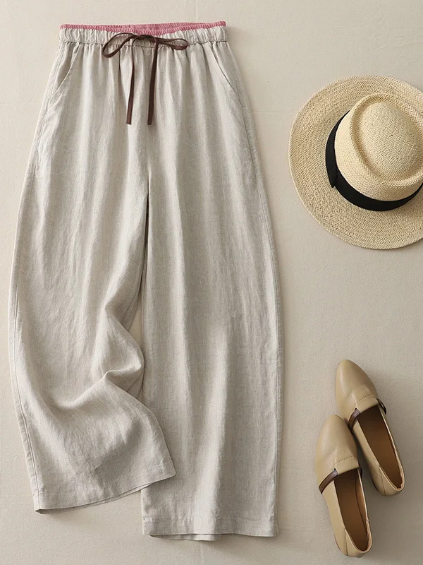 

Элитные льняные брюки Han Han для женщин: повседневные прямые брюки с драпированным поясом, цветные, дышащие, летние