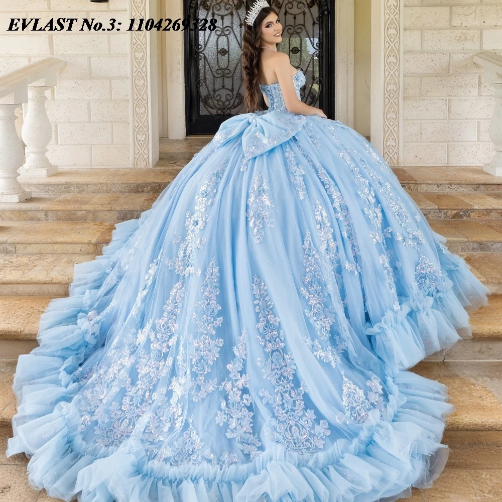 EVLAST Customized Mexican Sky Blue Quinceanera Dress Ball Gown Lace Applique Beading Ruffles Sweet 16 Vestido De 15 Anos E3Q238