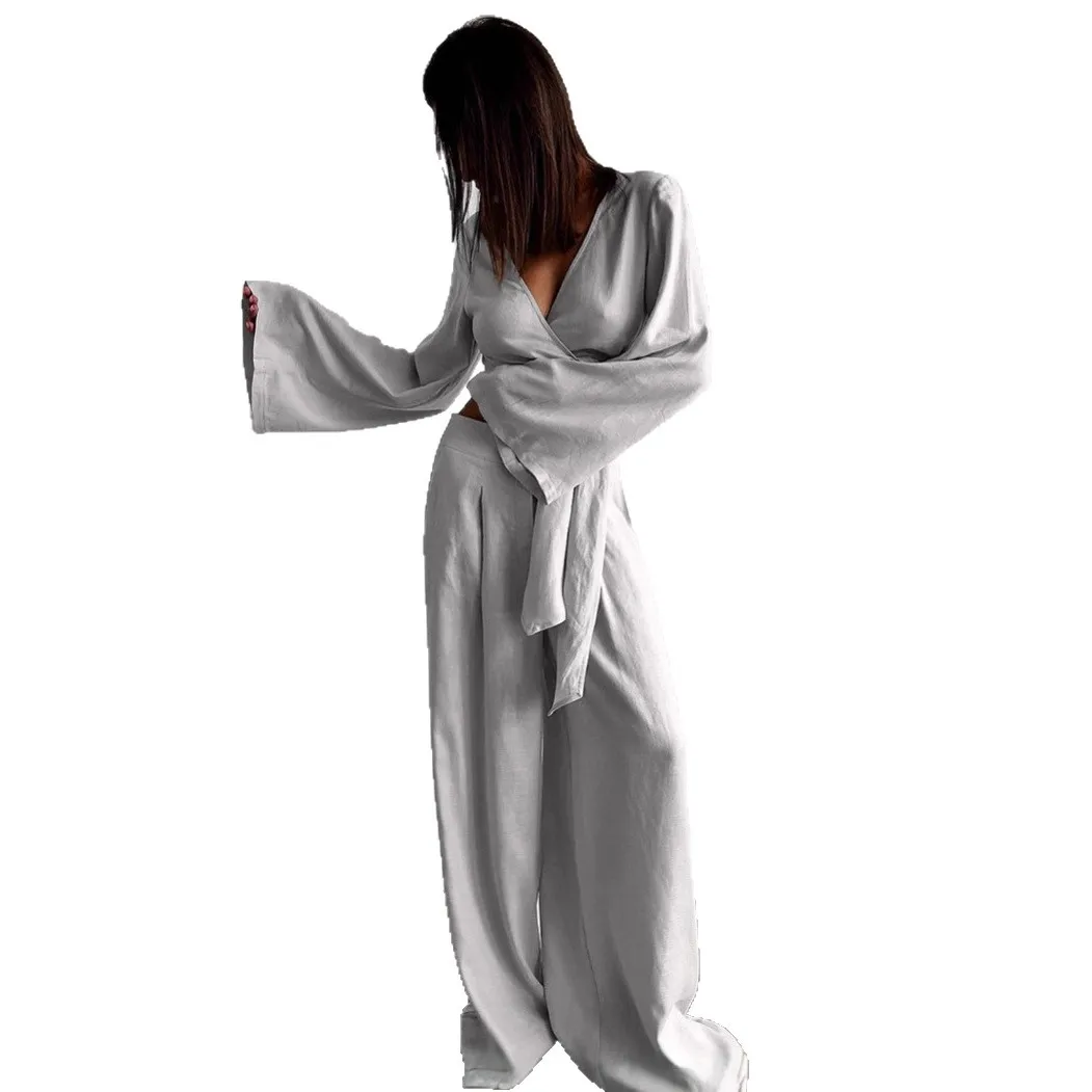 Abito da donna in 2 pezzi autunno grigio con lacci scollo a V manica svasata cardigan da donna a vita media pantaloni lunghi a due bottoni per signora