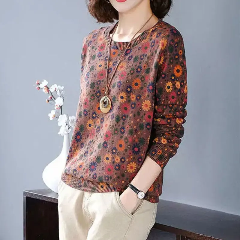 

Casual Vintage Floral Printed Jumpers Women's Clothing O-Neck Winter Stylish Screw Thread Korean Loose Knitted Sweaters XQ161