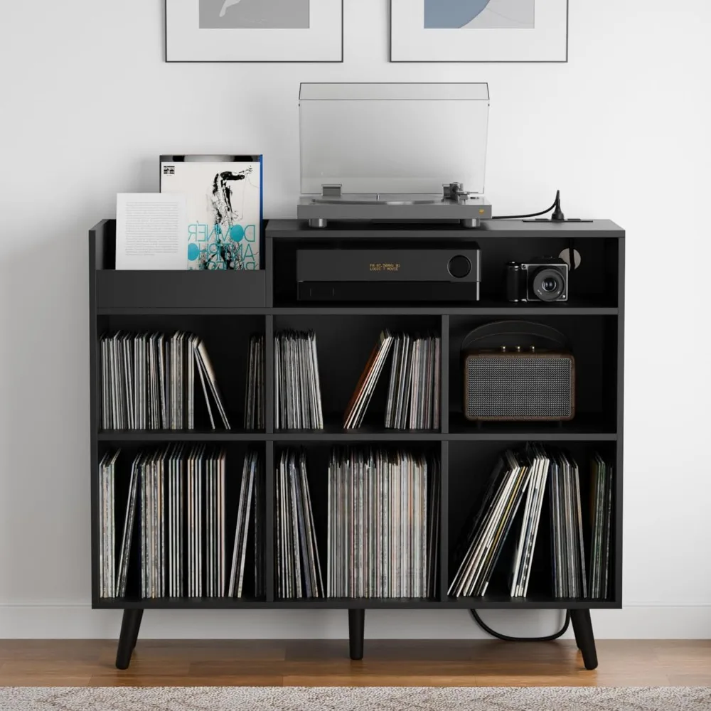 Mid Century Modern Vinyl Record Storage Cabinet with Open Shelf for Large Turntables and Media Console