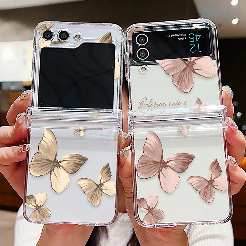 Butterfly Pattern Clear Case For Samsung Galaxy Z Flip 6 5 4 3 5G Transparent Hard PC Folding Cover For Samsung Z Flip5 Flip6