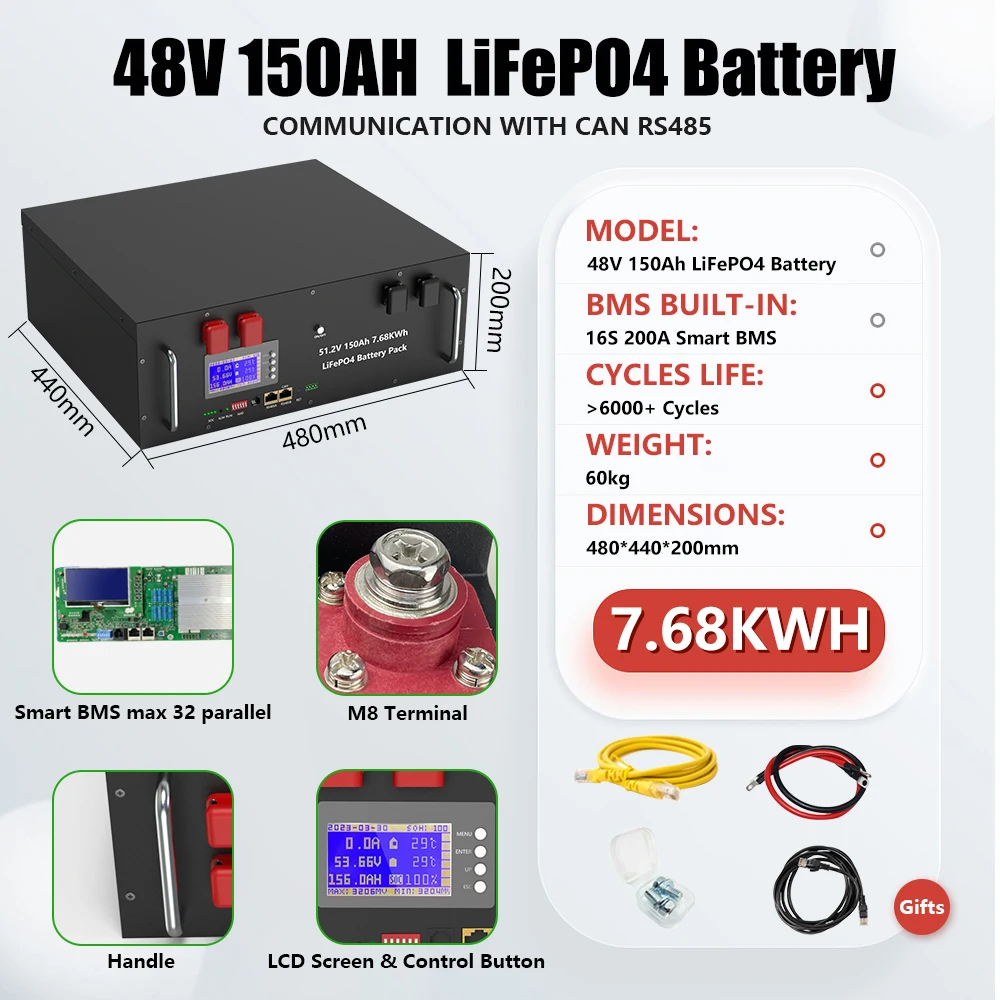 48V 300Ah LiFePO4 Batterij 15KW Bluetooth 16S 200A BMS 51.2V 100Ah150Ah 200Ah 6000+ Cycli Graad A Nieuwe Cellen CAN/RS485 EU Geen Belasting