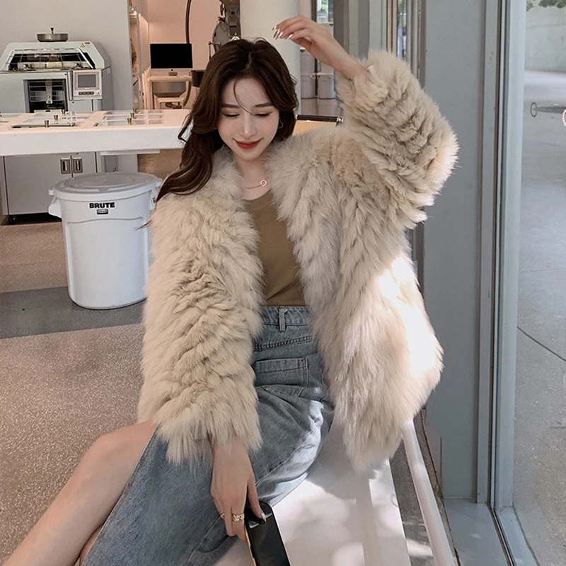 Women\'s Natural Fur Coat Winter New High Quality Strip Fox Fur Jackets Young Lady V-neck Korean Fashion Simple Kurtka Futro Tops