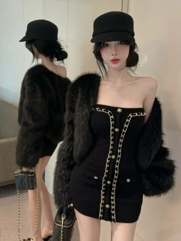 

Plus Size Sexy Knitted Wrap Dr Women's ort Bla Skirt Vintage Winter Faion Trendy Lady Sle Tube Top Dr for Young Women