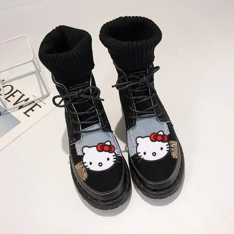 

Sanrio hello kitty Autumn Winter High Top Retro Boots Fashion Socks Boots Women's Warm Girl Casual Shoes Cartoon Cotton Shoes