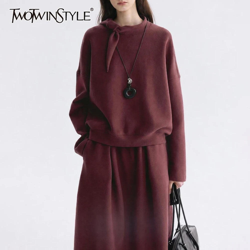 TWOTWINSTYLE Solid Spliced Bow Loose Sweatshirt for Women Round Collar Long Sleeve Patchwork Knotted Pullover Casual Tops Female