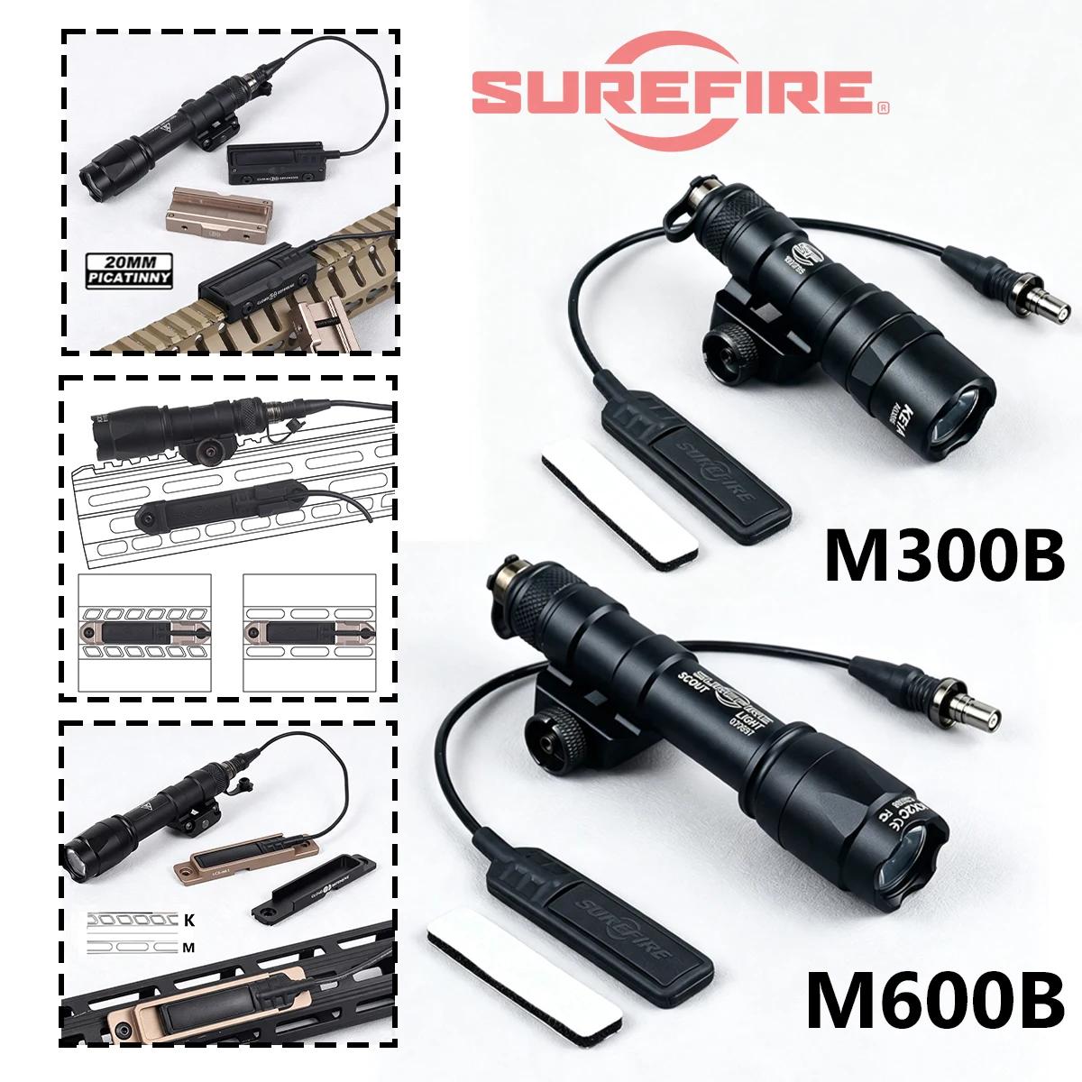 Surefire M600 M300 LED Flashlight with ST07 Switch Slot Pressure Pad M/K 20mm Rail Aluminum Torch Hunting Weapons White Lights