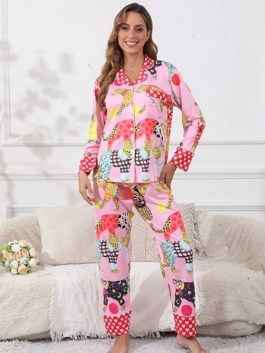 

Womens Milk Silk Pajama Set Long Sleeve Lapel Button Up Sleepwear With Leopard Print