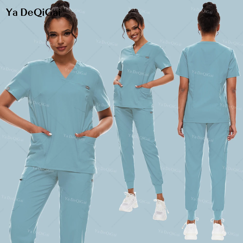 Set di Scrub uniforme da donna completo con scollo a v top + pantaloni da jogging Set da allattamento uniformi di bellezza multicolori Pet Doctor Scrub abbigliamento da lavoro medico