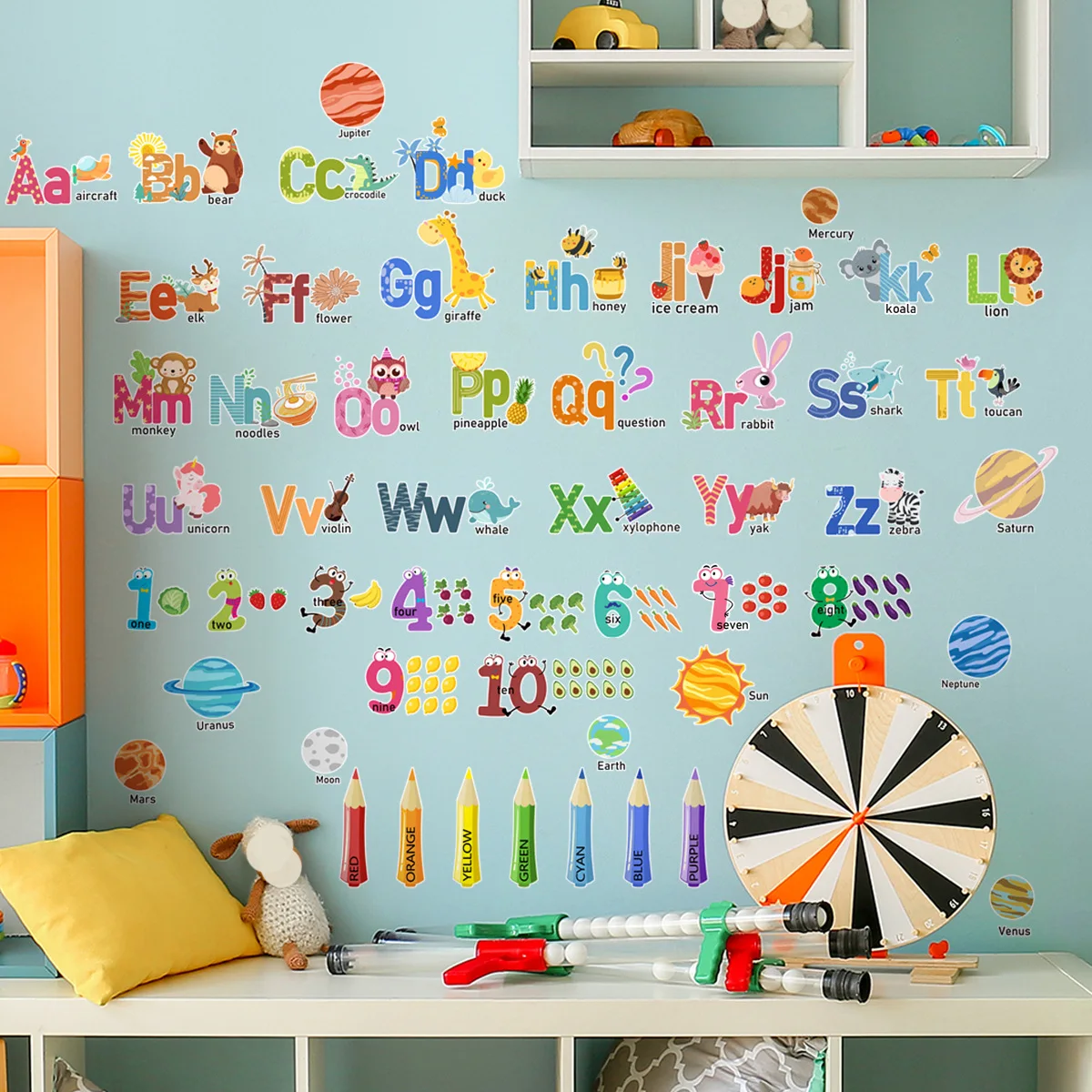 English Alphabet Letters Wall Stickers Cartoon Animals Early Education Decals Jupiter Mars Art Decoration Mural Poster