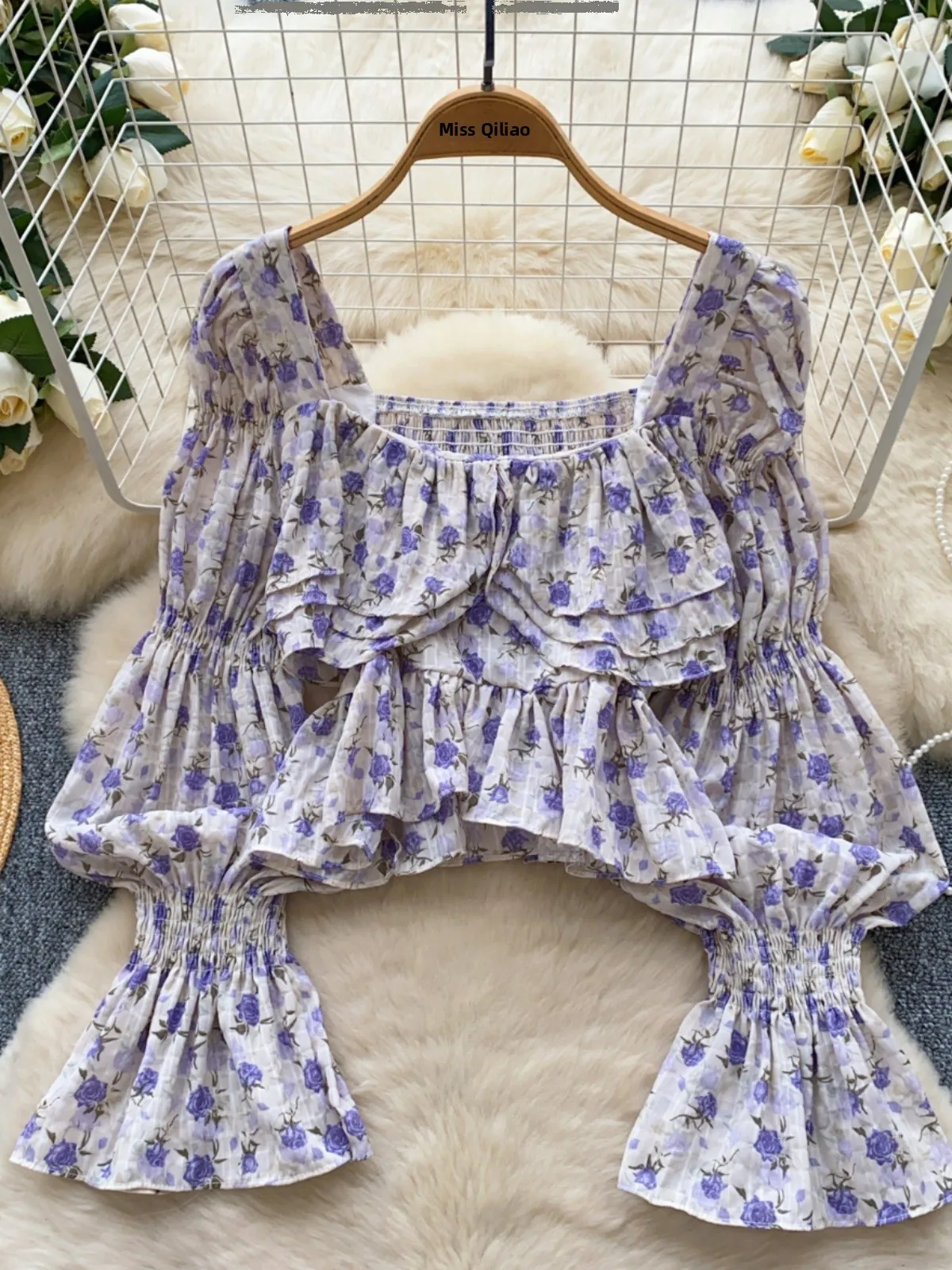 

Floral Print Short Bubble Sleeve Shirt Women's Design Square Collar Lace Hem Chiffon Top Korean Style Commute Wind Casual Loo...