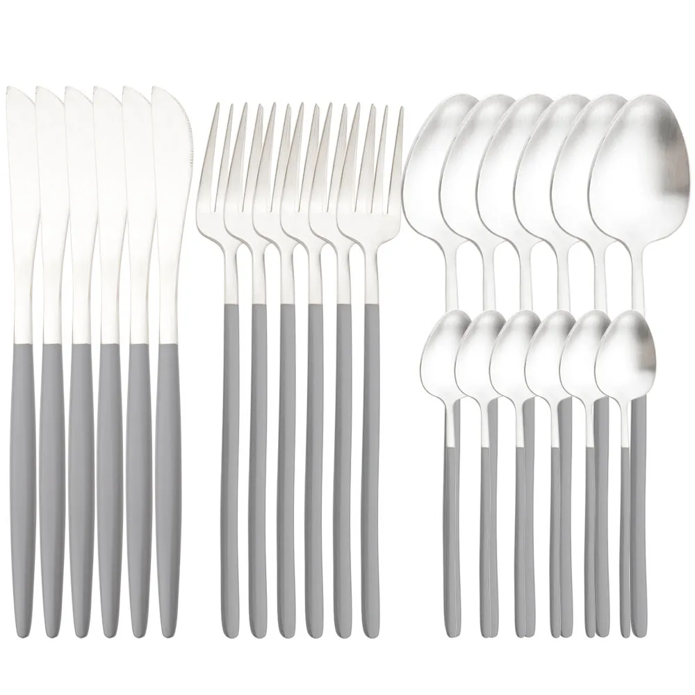 

Drmfiy 24Pcs Gray Silver Dinnerware Set 304 Stainless Steel Tableware Set Matte Fork Spoons Knife Cutlery Set Kitchen Flatware