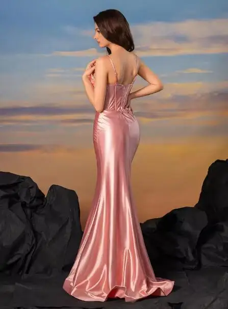 Pink Satin Mermaid Prom Dress Spaghetti Strap Corset Formal Evening Gown Ruched Bodice Long Party Dress For Women Wedding Guest