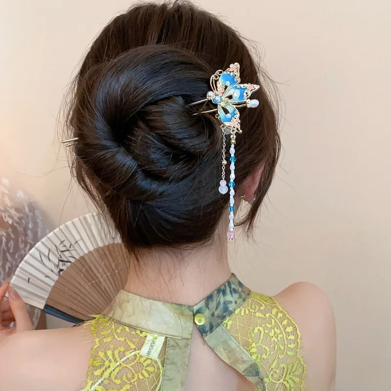 الأزرق الوردي النفط يقطر فراشة دبابيس الشعر للنساء الرجعية اليعسوب الزجاج شرابة U-شكل شوكة الشعر تقليد اللؤلؤ الشعر العصي V