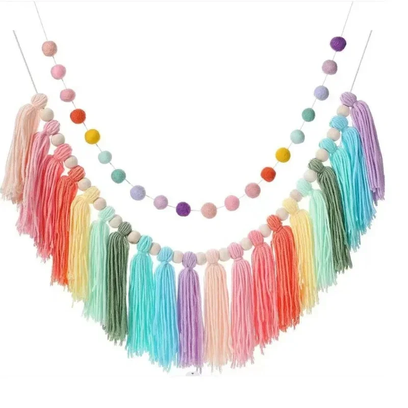 Woven Hanging String Decor Kit Bohemian Wall Mounted Set Wooden Beads Wool Balls Tassel String Home Wall Ornament Accessory