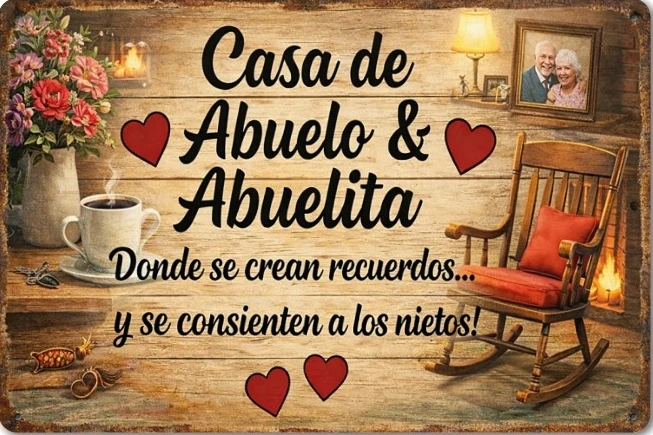 Letrero 2D plano de 1 pieza para abuelos en español, con la frase 'Casa De Abuelo & Abuelita' - Arte de pared metálico en español/inglés para la abuela