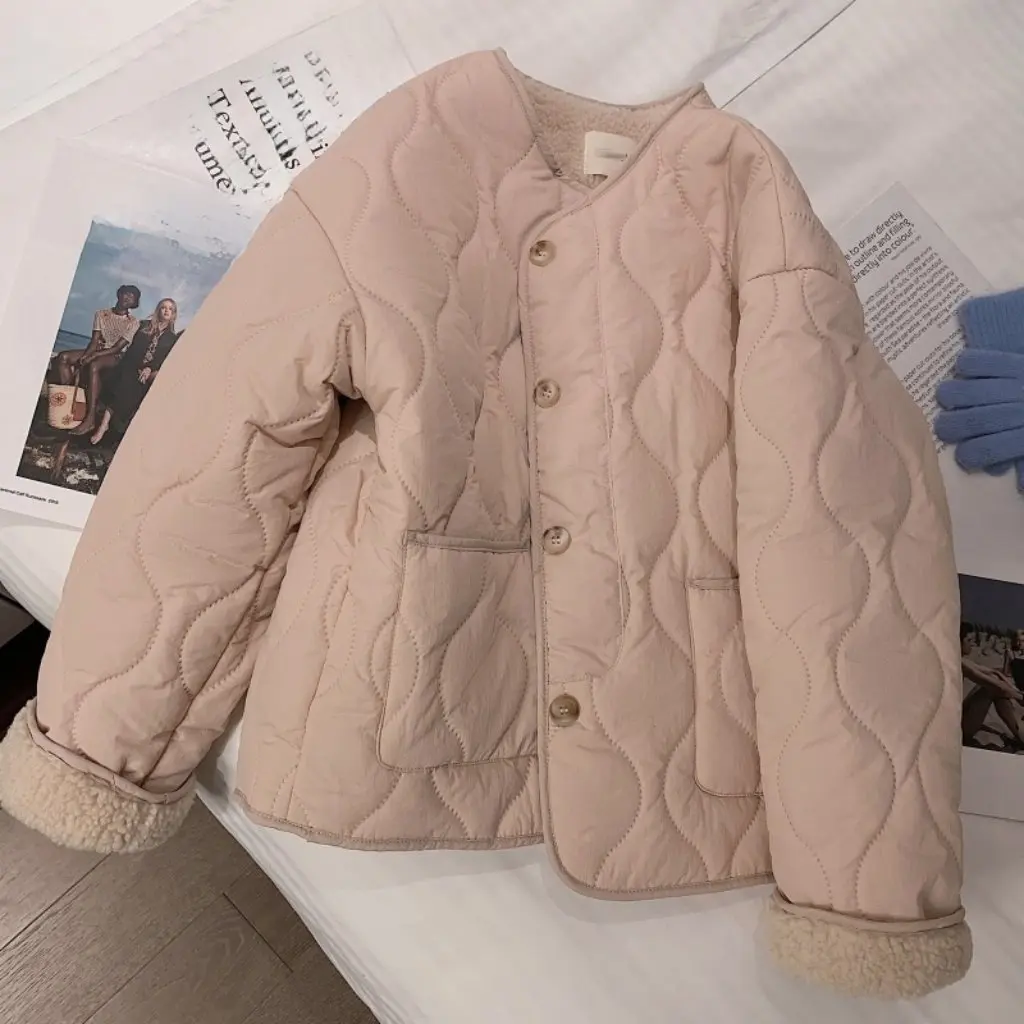 

Women's Pink Lamb Wool Cotton-Padded Jacket Thick round Neck Korean Style Winter Coat New